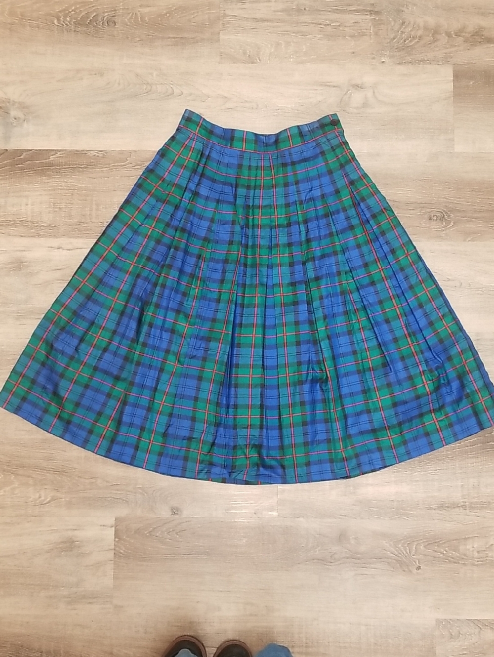 Vintage Silk Green and Blue Plaid Pleated Skirt